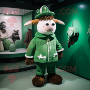 Green Yak mascot costume character dressed with a Coat and Berets