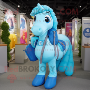 Sky Blue Horseshoe mascot costume character dressed with a Midi Dress and Messenger bags