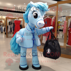 Sky Blue Horseshoe mascot costume character dressed with a Midi Dress and Messenger bags