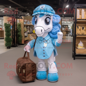 Sky Blue Horseshoe mascot costume character dressed with a Midi Dress and Messenger bags