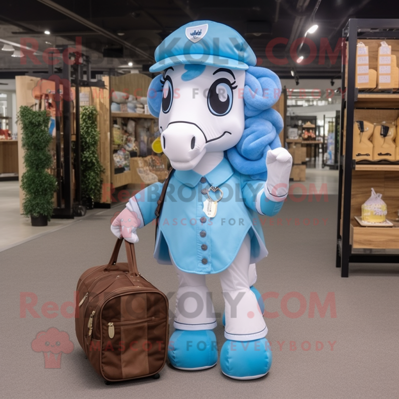 Sky Blue Horseshoe mascot costume character dressed with a Midi Dress and Messenger bags