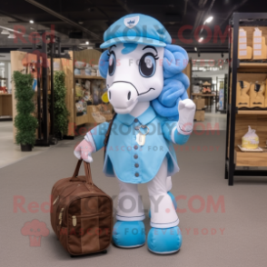Sky Blue Horseshoe mascot costume character dressed with a Midi Dress and Messenger bags