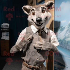 Gray Thylacosmilus mascot costume character dressed with a Henley Shirt and Cufflinks