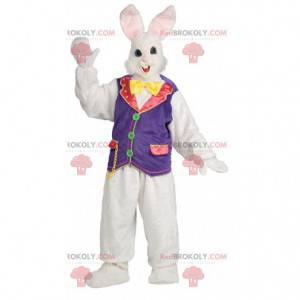 Mascot hermoso conejo blanco y rosa con un chaleco de circo -