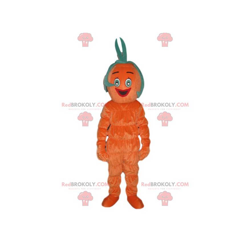 Mascote sorridente de boneco de neve laranja com cabelo verde