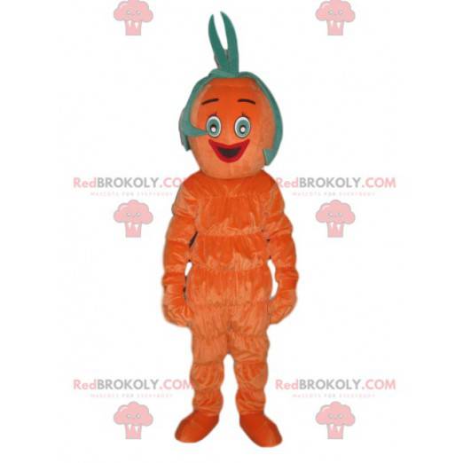 Mascotte de bonhomme orange souriant avec une chevelure verte