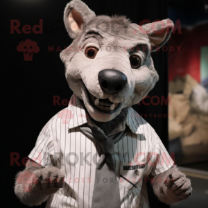 Gray Thylacosmilus mascot costume character dressed with a Henley Shirt and Cufflinks