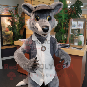 Gray Thylacosmilus mascot costume character dressed with a Henley Shirt and Cufflinks