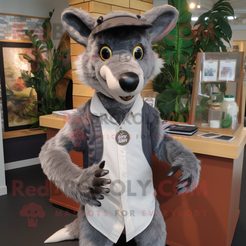 Gray Thylacosmilus mascot costume character dressed with a Henley Shirt and Cufflinks