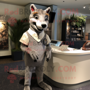 Gray Thylacosmilus mascot costume character dressed with a Henley Shirt and Cufflinks