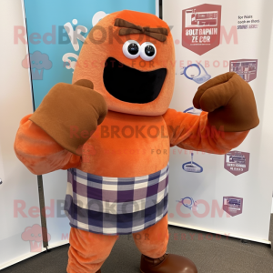 Rust Boxing Glove mascot costume character dressed with a Flannel Shirt and Shawl pins