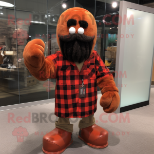 Rust Boxing Glove mascot costume character dressed with a Flannel Shirt and Shawl pins