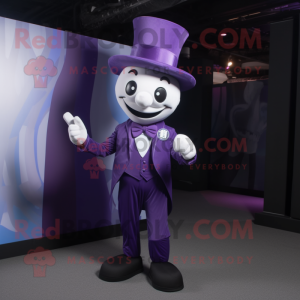 Purple Mime mascot costume character dressed with a Suit Pants and Hat pins
