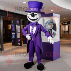 Purple Mime mascot costume character dressed with a Suit Pants and Hat pins