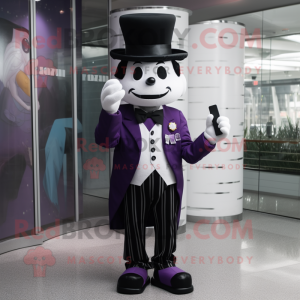 Purple Mime mascot costume character dressed with a Suit Pants and Hat pins