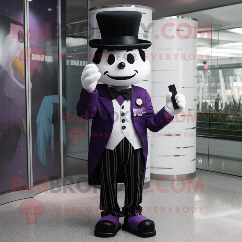 Purple Mime mascot costume character dressed with a Suit Pants and Hat pins Purple Mime mascot costume character dressed with a Suit Pants and Hat pins
