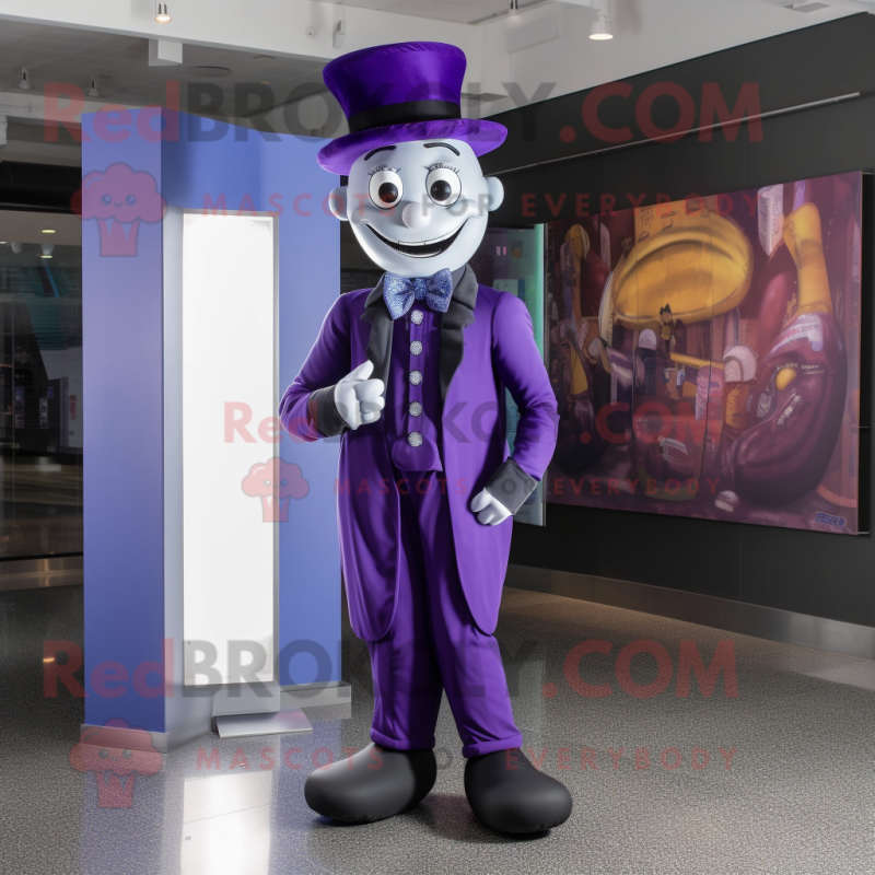 Purple Mime mascot costume character dressed with a Suit Pants and Hat pins