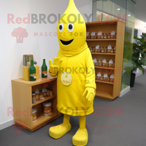 Lemon Yellow Bottle Of Mustard mascot costume character dressed with a Long Sleeve Tee and Shoe clips