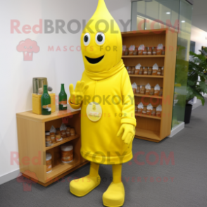 Lemon Yellow Bottle Of Mustard mascot costume character dressed with a Long Sleeve Tee and Shoe clips