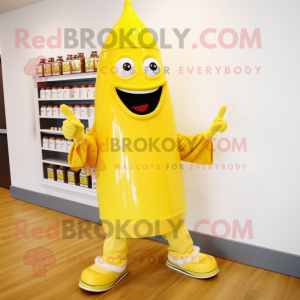 Lemon Yellow Bottle Of Mustard mascot costume character dressed with a Long Sleeve Tee and Shoe clips