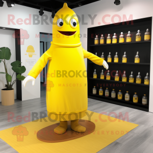 Lemon Yellow Bottle Of Mustard mascot costume character dressed with a Long Sleeve Tee and Shoe clips