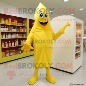 Lemon Yellow Bottle Of Mustard mascot costume character dressed with a Long Sleeve Tee and Shoe clips