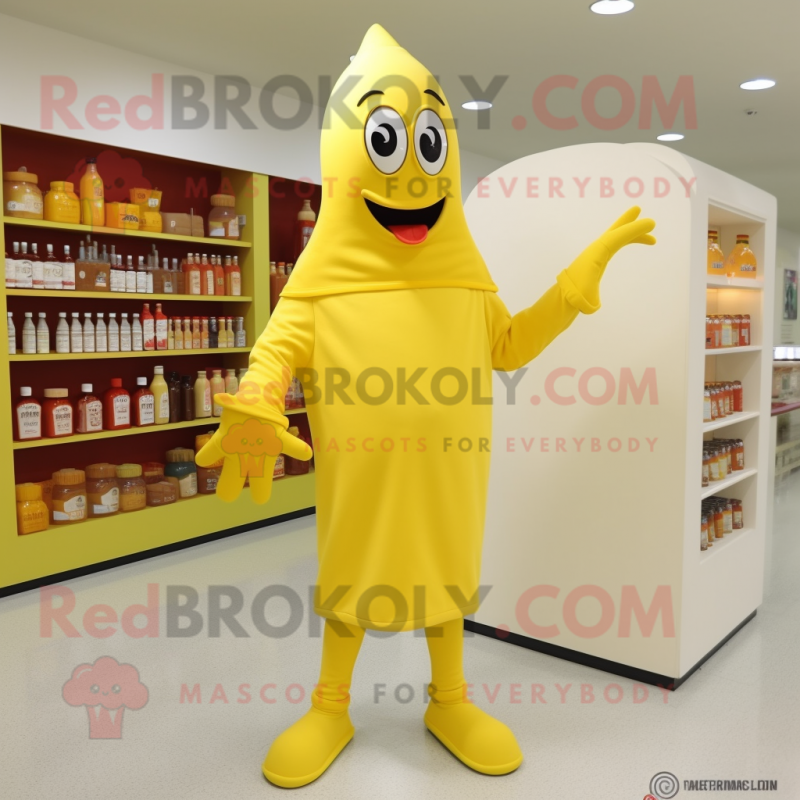 Lemon Yellow Bottle Of Mustard mascot costume character dressed with a Long Sleeve Tee and Shoe clips