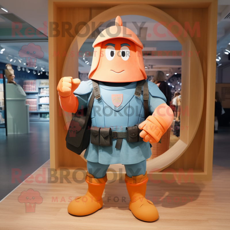 Peach Spartan Soldier mascot costume character dressed with a Denim Shorts and Handbags