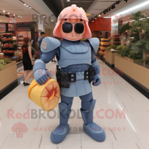 Peach Spartan Soldier mascot costume character dressed with a Denim Shorts and Handbags