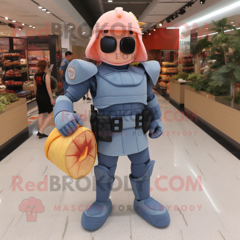 Peach Spartan Soldier mascot costume character dressed with a Denim Shorts and Handbags