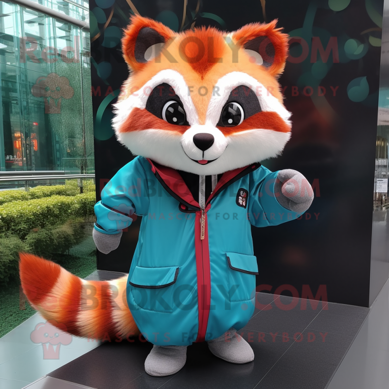 Cyan Red Panda mascot costume character dressed with a Windbreaker and Bow ties