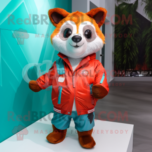 Cyan Red Panda mascot costume character dressed with a Windbreaker and Bow ties