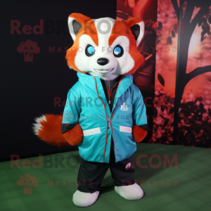 Cyan Red Panda mascot costume character dressed with a Windbreaker and Bow ties