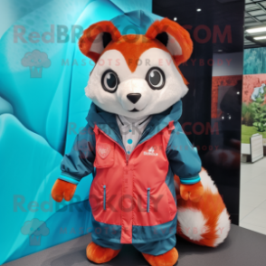 Cyan Red Panda mascot costume character dressed with a Windbreaker and Bow ties