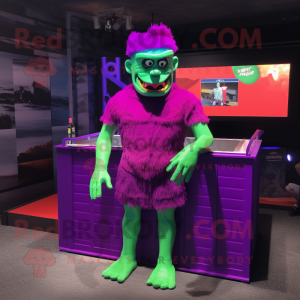 Magenta Frankenstein'S Monster mascot costume character dressed with a Swimwear and Headbands