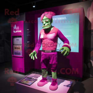 Magenta Frankenstein'S Monster mascot costume character dressed with a Swimwear and Headbands