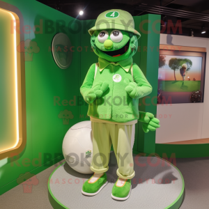 Green Golf Ball mascot costume character dressed with a Romper and Shoe laces