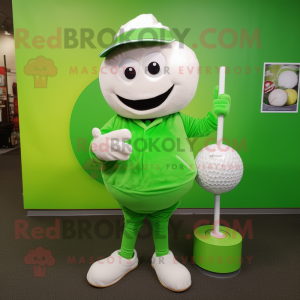 Green Golf Ball mascot costume character dressed with a Romper and Shoe laces
