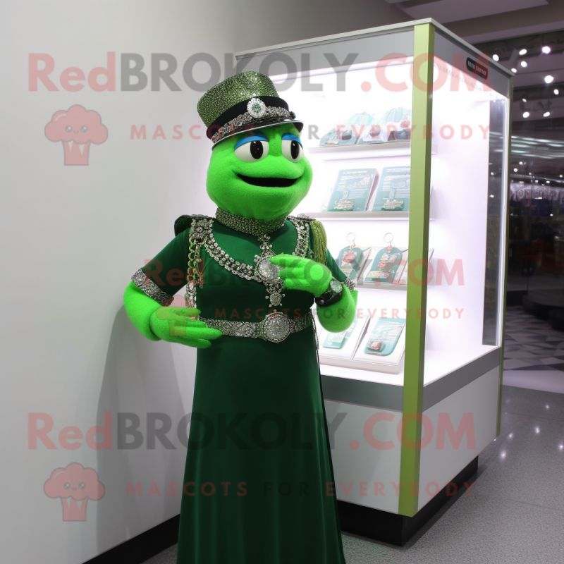 Green Police Officer mascot costume character dressed with a Evening Gown and Necklaces