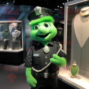 Green Police Officer mascot costume character dressed with a Evening Gown and Necklaces