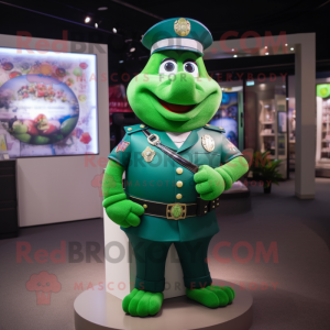 Green Police Officer mascot costume character dressed with a Evening Gown and Necklaces