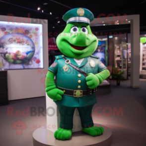 Green Police Officer mascot costume character dressed with a Evening Gown and Necklaces
