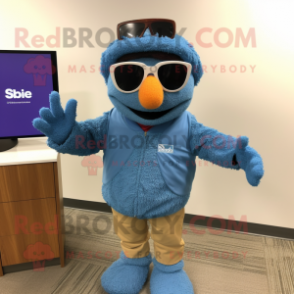 Blue Jambalaya mascot costume character dressed with a Sweater and Sunglasses