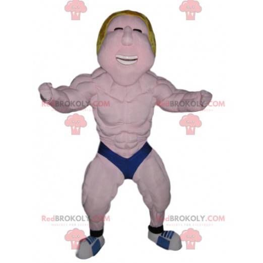 Blond wrestler mascot with a blue boxer - Redbrokoly.com