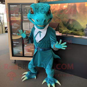 Teal Komodo Dragon mascot costume character dressed with a Mini Dress and Bow ties