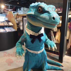 Teal Komodo Dragon mascot costume character dressed with a Mini Dress and Bow ties