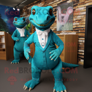 Teal Komodo Dragon mascot costume character dressed with a Mini Dress and Bow ties