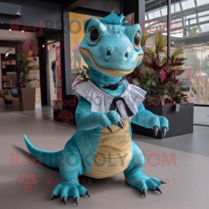 Teal Komodo Dragon mascot costume character dressed with a Mini Dress and Bow ties