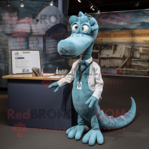 Silver Loch Ness Monster mascot costume character dressed with a Oxford Shirt and Hairpins