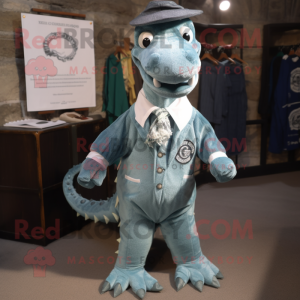 Silver Loch Ness Monster mascot costume character dressed with a Oxford Shirt and Hairpins